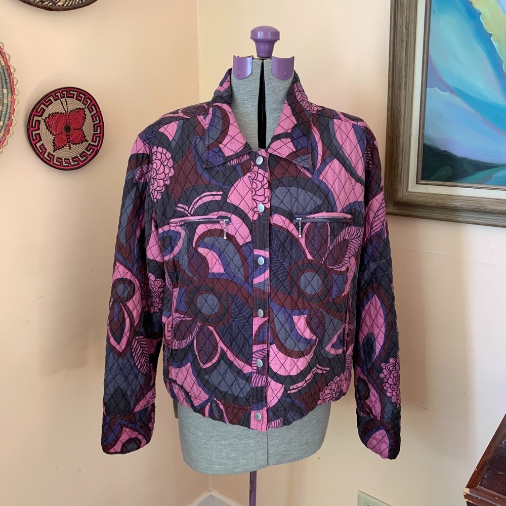 Silkland 100% Silk Quilted Jacket XL Pink Purple Floral Abstract Snap Front